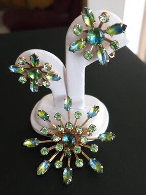 Vintage Blue Green Rhinestone Brooch & Earring Set